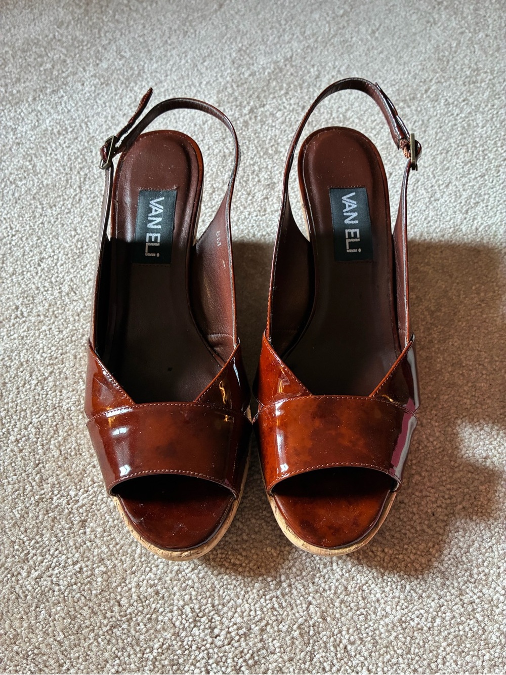 Vaneli Brown Patent Open-Toe Wedge Slingbacks